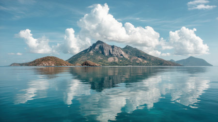 Discover the beauty of a tranquil mountain reflected on crystal clear waters. A perfect scene capturing the essence of nature, peace, and exploration.の素材