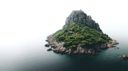 An aerial view of a secluded rocky island shrouded in mist, showcasing vibrant greenery and steep cliffs, offering a tranquil escape into nature's beauty.の素材
