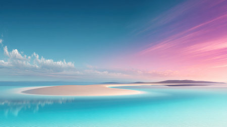 Experience the tranquil beauty of a tropical paradise with a stunning beach, clear turquoise waters, and a colorful sunset sky creating a serene atmosphere.の素材