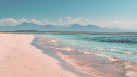 A stunning beach scene featuring soft pink sand, gentle waves, and distant mountains under a bright sky, capturing the essence of a peaceful summer getaway.の素材