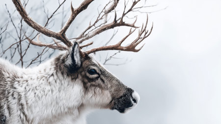 A stunning profile of a reindeer against a blurred winter backdrop, emphasizing its majestic antlers and soft fur in a peaceful, natural setting.の素材