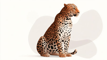 Captivating illustration of a majestic leopard sitting gracefully, showcasing its unique fur pattern and elegant posture against a soft, minimalist background.の素材
