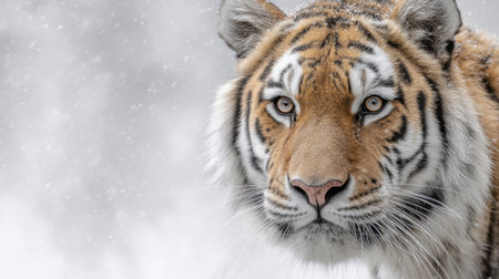 A stunning close-up of a Bengal tiger in a snowy environment, highlighting its vibrant fur, majestic eyes, and the beauty of winter wildlife in action.の素材