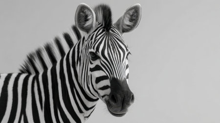 Captivating close-up of a zebra highlighting its distinct black and white stripes against a soft background, showcasing its expressive face and curious demeanor.の素材