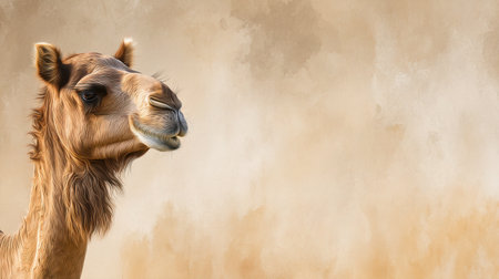 This stunning close-up portrait showcases a camel against a soft brown background, emphasizing its expressive features and serene nature in a beautiful desert setting.の素材