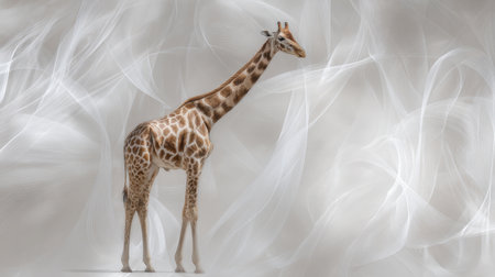 A serene portrait of a graceful giraffe standing alone against a soft white background, highlighting its distinct patterns and tall stature in a tranquil setting.の素材