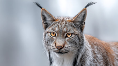 This stunning close-up captures the enchanting features of a lynx illuminated by soft lighting. The lynx's intense gaze and elegant fur showcase the beauty of wildlife.の素材