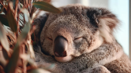 A charming koala peacefully resting among lush greenery, showcasing the beauty of wildlife in a serene environment. A perfect representation of tranquility and nature.の素材