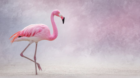 A stunning and elegant pink flamingo is captured in a graceful stance on one leg, showcasing its vibrant feathers against a dreamy pastel background, symbolizing tranquility.の素材
