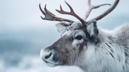 This stunning image captures the beauty of a reindeer in a snowy landscape, showcasing its majestic antlers and frosty fur against a serene winter backdrop.の素材