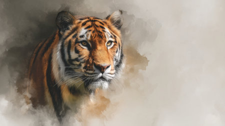 Stunning portrait of a tiger showcasing its fierce gaze, accentuated by soft, abstract brush strokes. A creative representation perfect for wildlife themes and projects.の素材