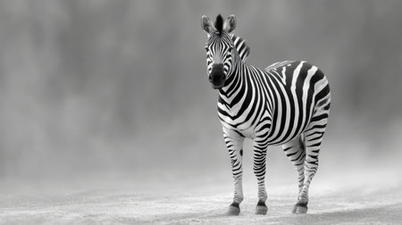 A captivating black-and-white image featuring a zebra standing alone in a tranquil environment, showcasing its distinctive stripes and serene presence in nature.の素材