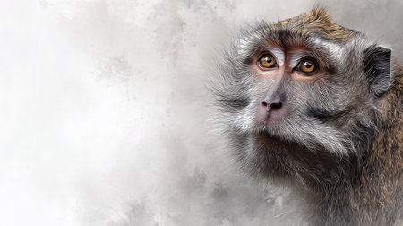 This stunning portrait captures a monkey's expressive eyes and intricate fur patterns set against a soft, blurred background, perfect for wildlife and nature themes.の素材