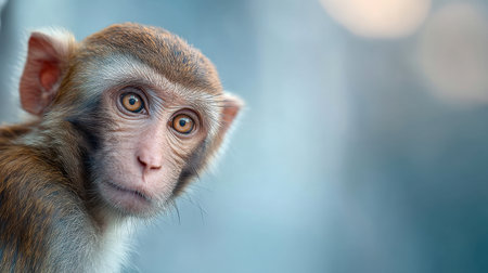 This captivating close-up showcases a curious monkey with expressive eyes. The soft blurred background enhances the wild beauty and innocence of this animal.の素材