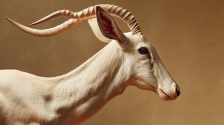A striking close-up of an antelope displaying its elegant profile and curved horns against a softly lit background, emphasizing its unique features and serene presence.の素材
