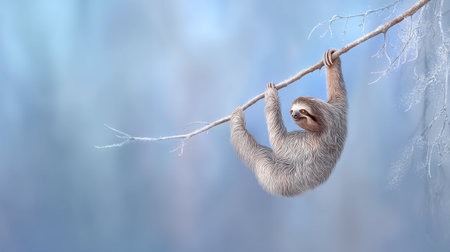 A captivating sloth is gracefully hanging from a branch in a serene, frosty environment. The soft blue backdrop enhances the tranquility and charm of this unique creature.の素材