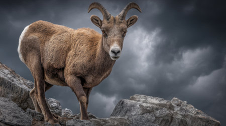 A striking mountain goat stands proudly on rocky terrain, surrounded by stormy skies. This image captures the beauty of wildlife in its natural habitat, showcasing nature's splendor.の素材
