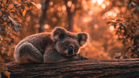 A tranquil scene featuring a koala peacefully resting on a tree branch. The warm sunset light filters through the surrounding foliage, creating a serene atmosphere.の素材