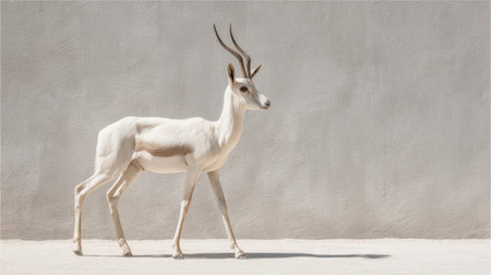 A stunning image of a white antelope walking gracefully against a minimalist gray backdrop. This photograph captures the elegant beauty and serene nature of wildlife.の素材