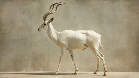 A stunning white antelope walks gracefully across a soft-textured background, highlighting its elegance and form. This image captures the essence of tranquility in wildlife.の素材