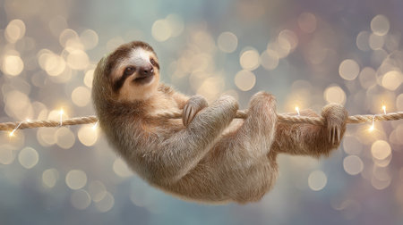 A charming sloth hangs casually on a rope, radiating a playful yet relaxed vibe amidst a mesmerizing backdrop of blurred lights, perfect for animal enthusiasts.の素材