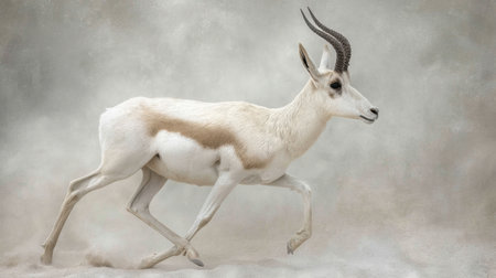 A stunning depiction of a white antelope running gracefully across a soft background, showcasing its majestic features and agile movements in a serene natural setting.の素材