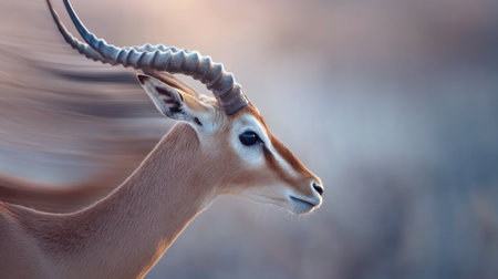 A stunning close-up of an antelope's profile showcasing its long horns against a softly blurred background, illustrating the grace and elegance of wildlife in natural settings.の素材