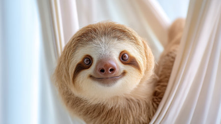A cheerful sloth hangs comfortably in a hammock, displaying a gentle smile. This charming portrait captures the essence of relaxation and uniqueness in wildlife.の素材