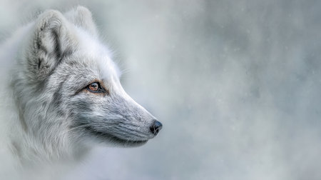 An exquisite portrait of an arctic fox set against a soft winter background, showcasing its dense fur, intense gaze, and the serene beauty of its natural habitat.の素材