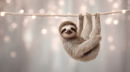 An adorable sloth hangs from a rope, displaying a friendly smile against a backdrop of soft lights, creating a magical and playful atmosphere for animal lovers.の素材