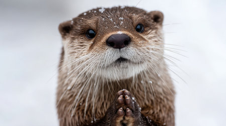 An adorable otter gazes curiously with its paws together in a snowy environment, beautifully capturing the spirit of wildlife and the charm of nature in winter.の素材