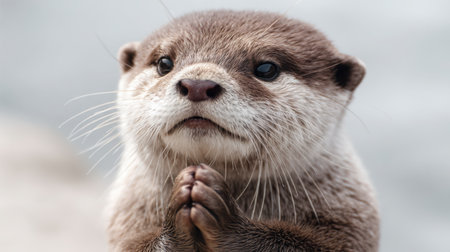 This image features a cute river otter with its paws together in a playful pose, showcasing its furry coat and curious expression, perfect for wildlife enthusiasts.の素材