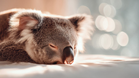 This charming portrait captures a sleeping koala resting on a soft surface, surrounded by a dreamy bokeh background, evoking feelings of tranquility and serenity.の素材
