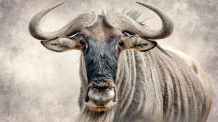 Captivating close-up of a wildebeest, revealing its unique features and powerful horns, set against a soft, textured backdrop. A stunning portrayal of wildlife.の素材