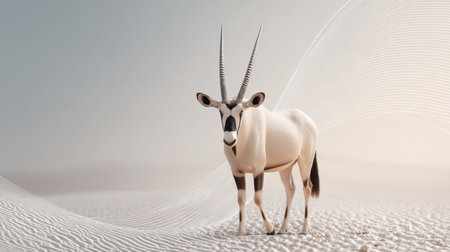 A stunning image of an Arabian oryx standing gracefully in a tranquil desert scene, showcasing the beauty and resilience of wildlife amidst soft, flowing lines.の素材
