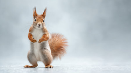 This charming image features a cute squirrel standing upright against a softly blurred background, showcasing its fluffy fur and curious expression in a playful moment.の素材