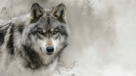 A striking portrait of a gray wolf, featuring its intense gaze and thick fur against a softly blurred background, highlighting the beauty and mystery of wildlife.の素材