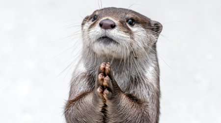 This captivating image features an adorable otter with its paws together, exhibiting a playful and curious demeanor, creating an engaging wildlife portrait.の素材