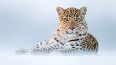 A stunning portrait of a leopard resting in a snowy environment, highlighting its beautiful spots and focused gaze, embodying the essence of wildlife tranquility.の素材