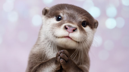 This adorable baby otter captures hearts with its big, expressive eyes and playful gesture, set against a softly blurred bokeh background that enhances its charm.の素材