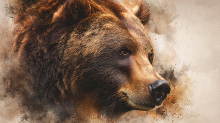 This captivating close-up image of a bear highlights its intricate fur textures and powerful features, set against a warm, artistic background evoking natural serenity.の素材