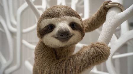 A delightful sloth hangs on a branch, showcasing its cheerful smile and soft fur. This enchanting scene captures the essence of wildlife in a serene environment.の素材
