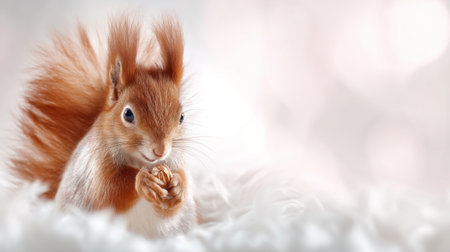 A charming red squirrel is captured in a close-up shot, holding a nut in its paws, against a soft white fur backdrop. This image embodies whimsy and nature's charm.の素材