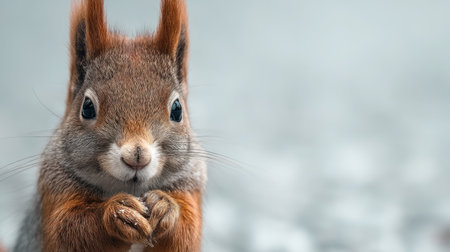 A charming squirrel with fluffy ears and bright eyes is poised in a delightful pose, showcasing its curious nature against a softly blurred background.の素材