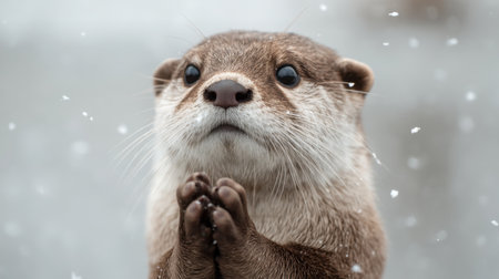 A charming otter pauses amidst falling snowflakes, showcasing its adorable expression with paws together, evoking a sense of innocence and wonder in a winter setting.の素材