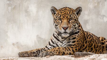 A stunning close-up portrait of a leopard resting gracefully, showcasing its unique spots and intense gaze, set against a soft, neutral backdrop.の素材