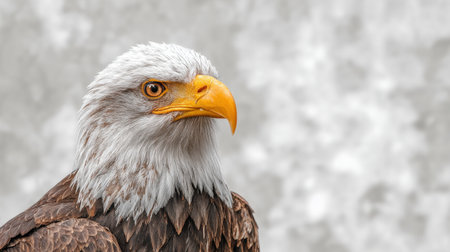 Close-up portrait of a bald eagle highlighting its impressive yellow beak and intricate feather details, set against a soft gray background that enhances its majestic presence.の素材