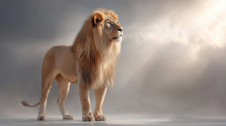 A majestic lion stands proudly under dramatic lighting, exuding strength and regal beauty, perfect for showcasing wildlife and nature's majestic creatures.の素材