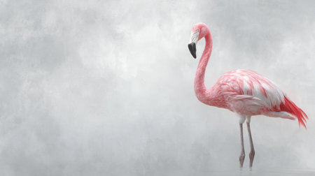 A stunning pink flamingo stands in calm waters, reflected against a soft foggy background. This serene wildlife image captures the elegance and beauty of nature.の素材