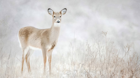 A graceful deer stands amidst a snowy landscape, showcasing its delicate features. The scene captures the tranquil charm of nature during winter, with soft snowflakes gently falling.の素材